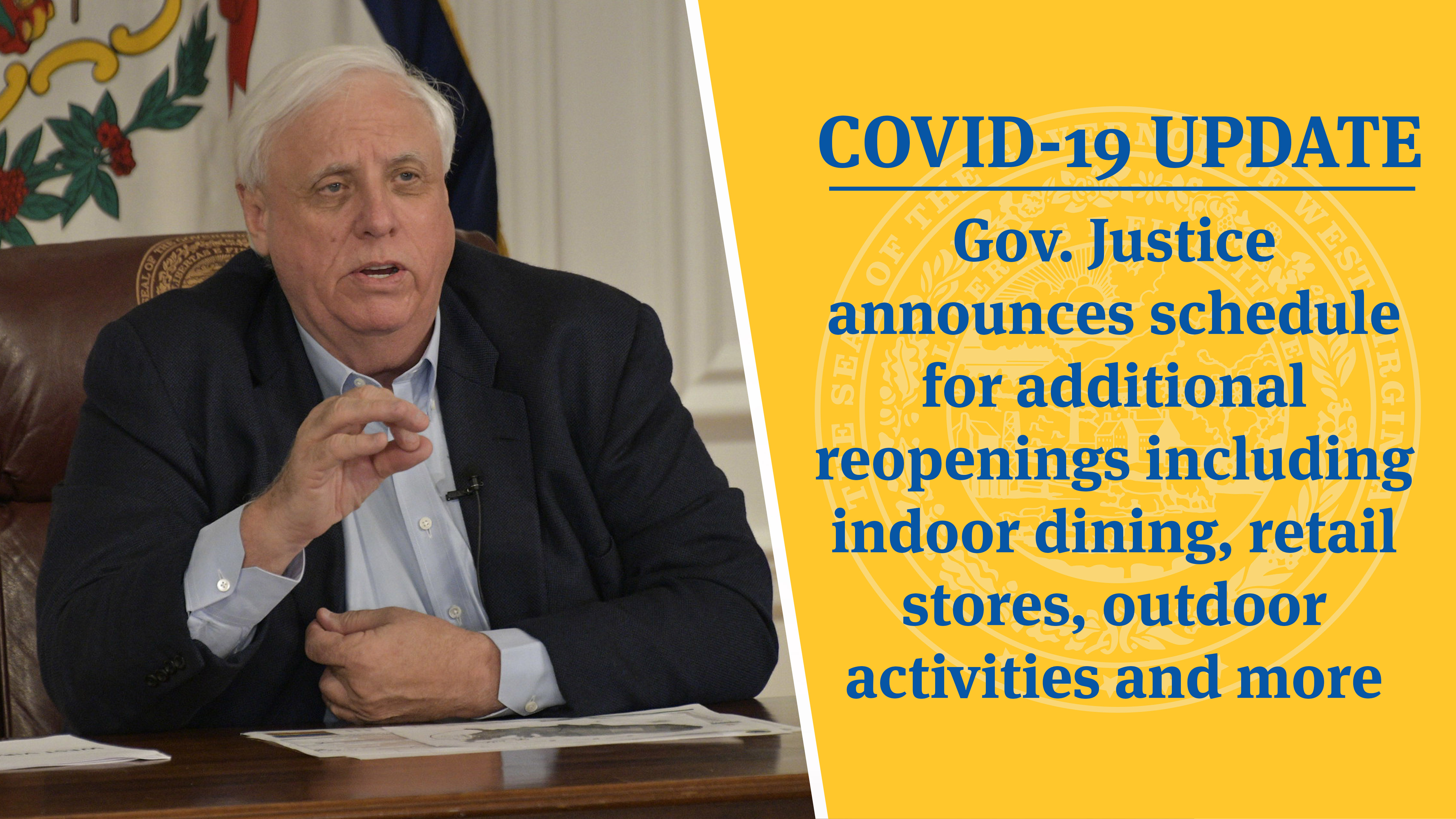 COVID19 UPDATE Gov. Justice announces schedule for additional