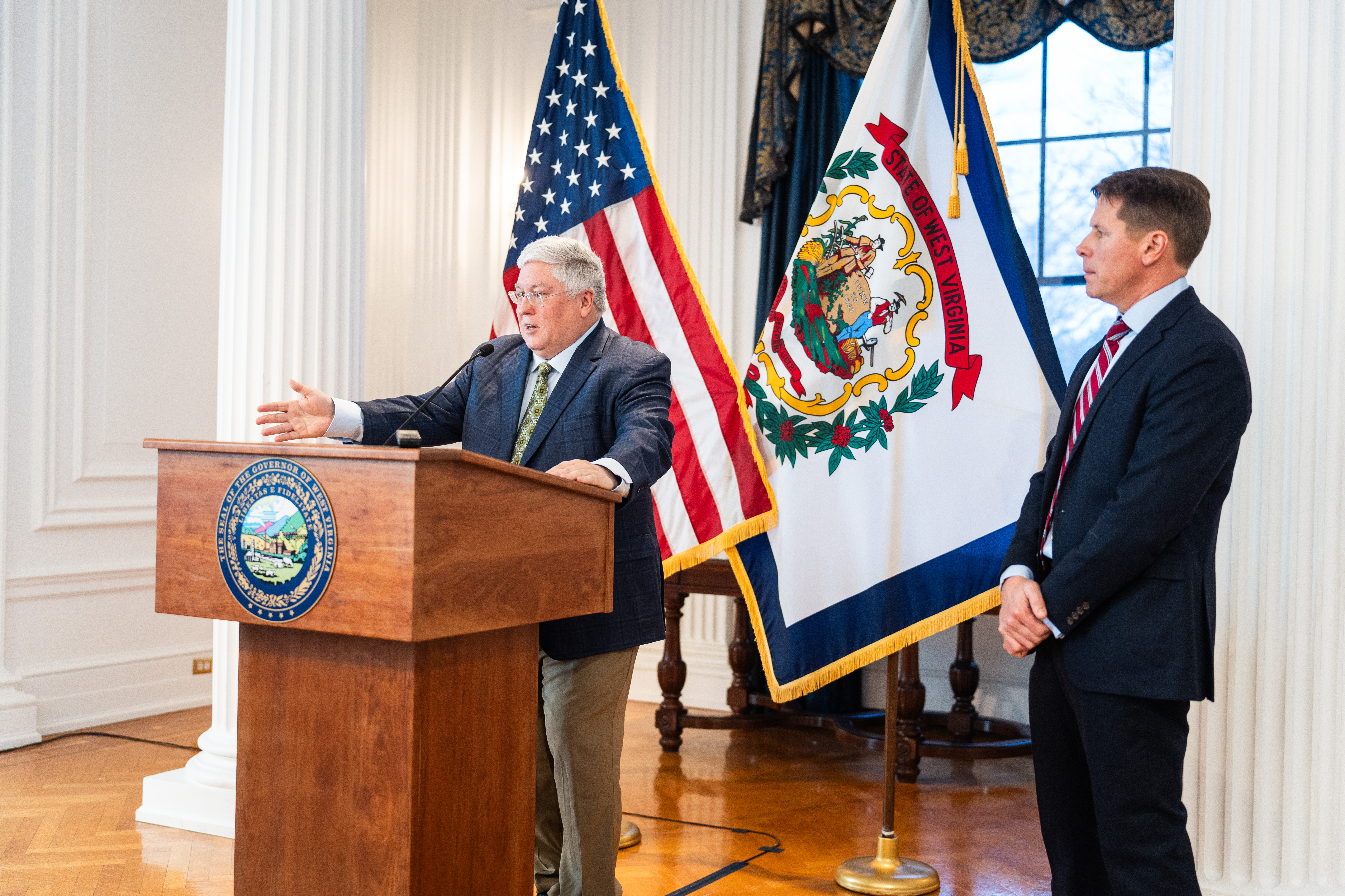 Governor Morrisey speaks at a press conference on January 23, 2025